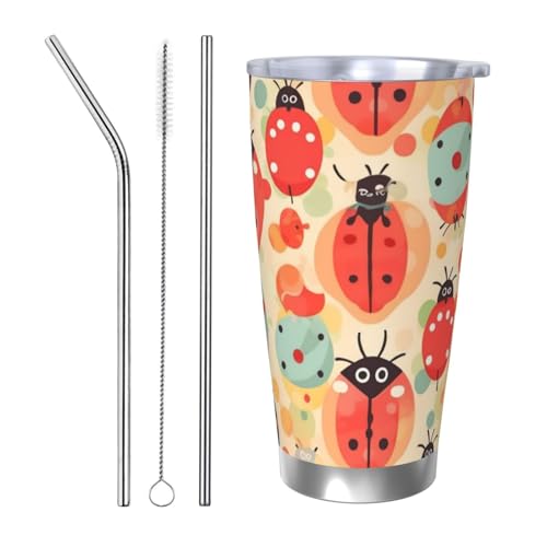 NBSKSDLK Kaffeebecher mit Marienkäfer-Design, Edelstahl, vakuumisoliert, mit Deckel und Strohhalm, doppelwandiger Reisebecher für heiß/kalt, auslaufsicherer Thermobecher für Zuhause, Büro, Auto, 590 von NBSKSDLK