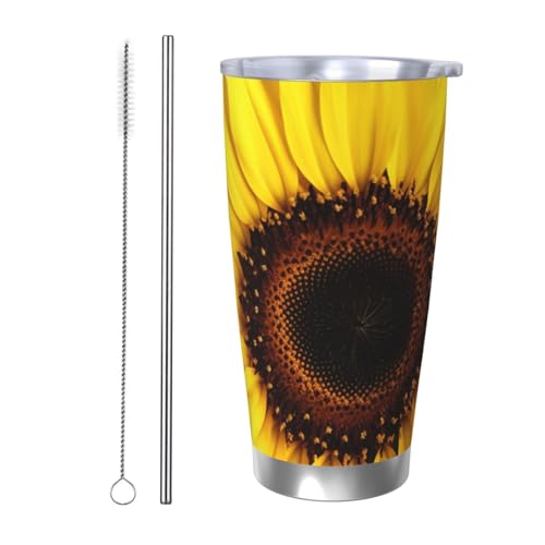NBSKSDLK Kaffeebecher mit Sonnenblumen-Motiv, Edelstahl, vakuumisoliert, mit Deckel und Strohhalm, doppelwandiger Reisebecher für heiß/kalt, auslaufsicherer Thermobecher für Zuhause, Büro, Auto, 590 von NBSKSDLK