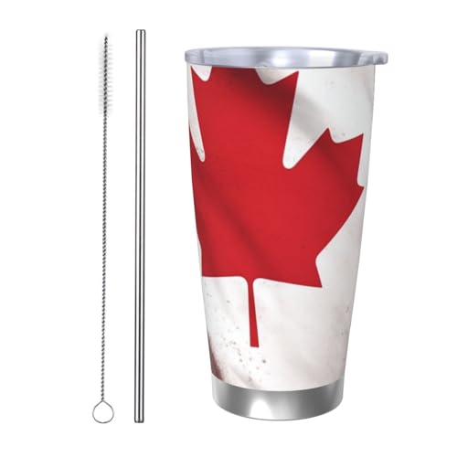 NBSKSDLK Kaffeebecher mit kanadischer Flagge, Edelstahl, vakuumisoliert, mit Deckel und Strohhalm, doppelwandiger Reisebecher für heiß/kalt, auslaufsicherer Thermobecher für Zuhause, Büro, Auto, 590 von NBSKSDLK