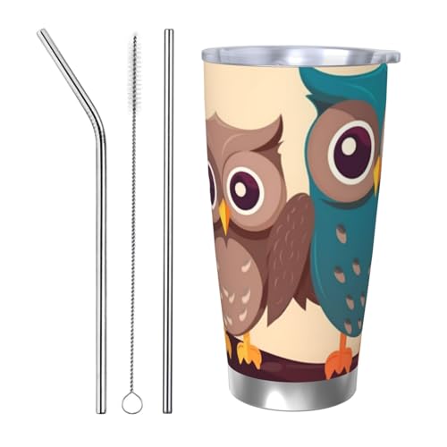 NBSKSDLK Kaffeebecher mit süßem Eulen-Design, Edelstahl, vakuumisoliert, mit Deckel und Strohhalm, doppelwandiger Reisebecher für heiß/kalt, auslaufsicherer Thermobecher für Zuhause, Büro, Auto, 590 von NBSKSDLK