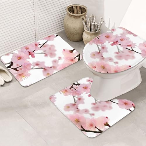NBSKSDLK Kirschblüten-Badezimmerteppich-Set, 3-teilig, rutschfest, saugfähig, U-förmiger WC-Vorleger mit WC-Abdeckung, Memory-Schaum-Badteppich-Set für luxuriöse Badezimmer-Dekoration von NBSKSDLK