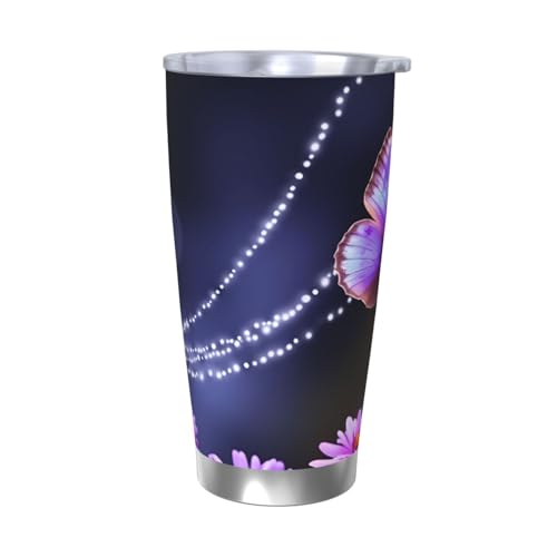 NBSKSDLK Lovely Purple Butterfly Tumbler 590 ml, Edelstahl, vakuumisolierter Kaffeebecher mit Deckel und Strohhalm, doppelwandiger Reisebecher für heiß/kalt, auslaufsicherer Thermobecher für Zuhause von NBSKSDLK