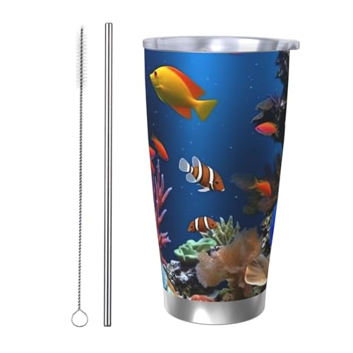 NBSKSDLK Marine Life Tumbler Vakuumisolierter Kaffeebecher aus Edelstahl mit Deckel und Strohhalm, doppelwandiger Reisebecher für heiß/kalt, auslaufsicherer Thermobecher für Zuhause, Büro, Auto, 590 von NBSKSDLK