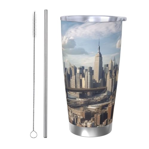 NBSKSDLK New York City Tumbler Vakuumisolierter Kaffeebecher aus Edelstahl mit Deckel und Strohhalm, doppelwandiger Reisebecher für heiß/kalt, auslaufsicherer Thermobecher für Zuhause, Büro, Auto, 590 von NBSKSDLK