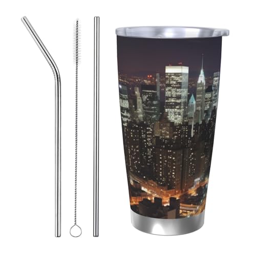 NBSKSDLK New York Night Tumbler 590 ml, vakuumisolierter Kaffeebecher aus Edelstahl mit Deckel und Strohhalm, doppelwandiger Reisebecher für heiß/kalt, auslaufsicherer Thermobecher für Zuhause, Büro von NBSKSDLK