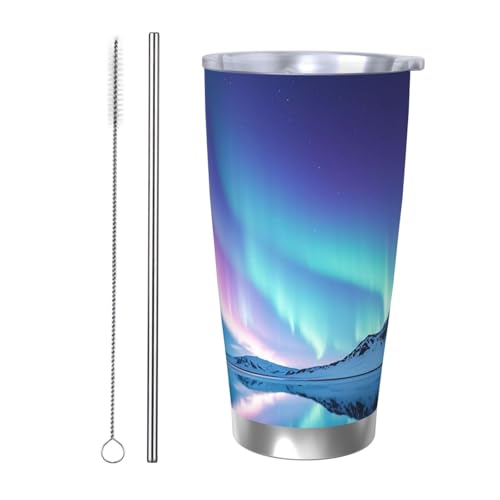 NBSKSDLK Northern Lights Tumbler 590 ml, vakuumisolierter Kaffeebecher aus Edelstahl mit Deckel und Strohhalm, doppelwandiger Reisebecher für heiß/kalt, auslaufsicherer Thermobecher für Zuhause, Büro von NBSKSDLK