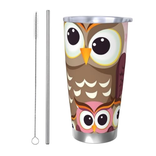 NBSKSDLK Owls Family Tumbler Edelstahl-Kaffeebecher mit Deckel und Strohhalm, doppelwandiger Reisebecher für heiß/kalt, auslaufsicherer Thermobecher für Zuhause, Büro, Auto, 590 ml von NBSKSDLK