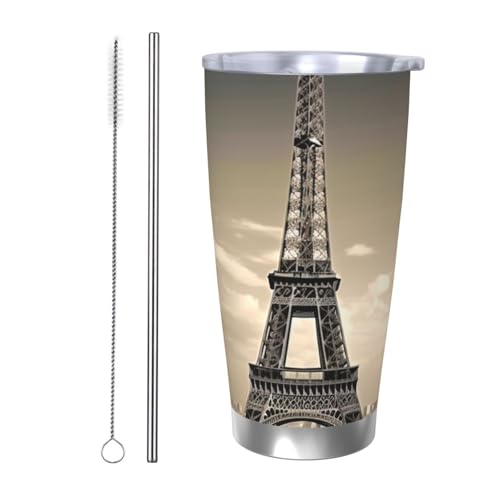 NBSKSDLK Paris Tower Tumbler 590 ml, Edelstahl, vakuumisolierter Kaffeebecher mit Deckel und Strohhalm, doppelwandiger Reisebecher für heiß/kalt, auslaufsicherer Thermobecher für Zuhause, Büro, Auto von NBSKSDLK