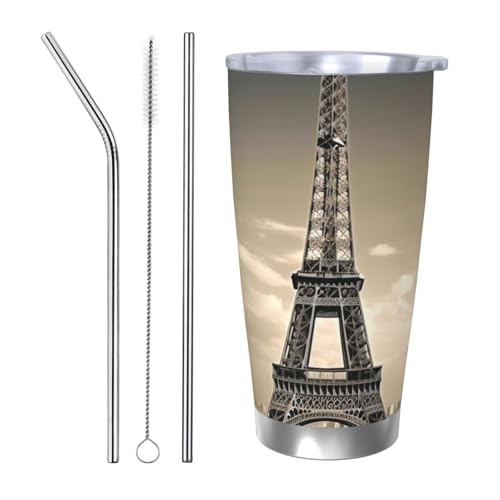 NBSKSDLK Paris Tower Tumbler 590 ml, Edelstahl, vakuumisolierter Kaffeebecher mit Deckel und Strohhalm, doppelwandiger Reisebecher für heiß/kalt, auslaufsicherer Thermobecher für Zuhause, Büro, Auto von NBSKSDLK