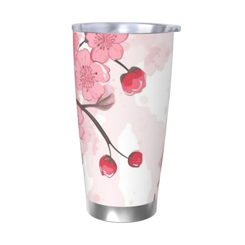 NBSKSDLK Pink Cherry Floral Tumbler 590 ml, Edelstahl, vakuumisolierter Kaffeebecher mit Deckel und Strohhalm, doppelwandiger Reisebecher für heiß/kalt, auslaufsicherer Thermobecher für Zuhause, Büro von NBSKSDLK