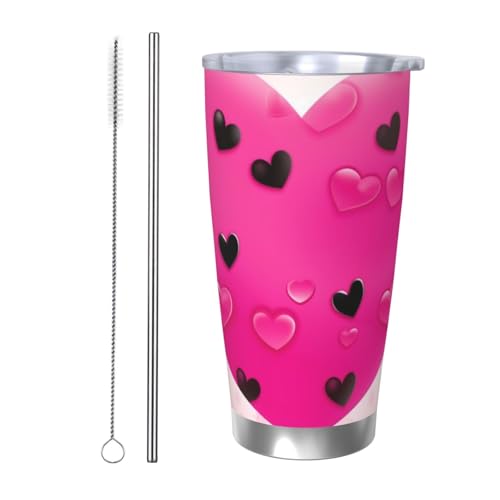 NBSKSDLK Pink Love Heart Tumbler Edelstahl-Kaffeebecher mit Deckel und Strohhalm, doppelwandiger Reisebecher für heiß/kalt, auslaufsicherer Thermobecher für Zuhause, Büro, Auto, 590 ml von NBSKSDLK