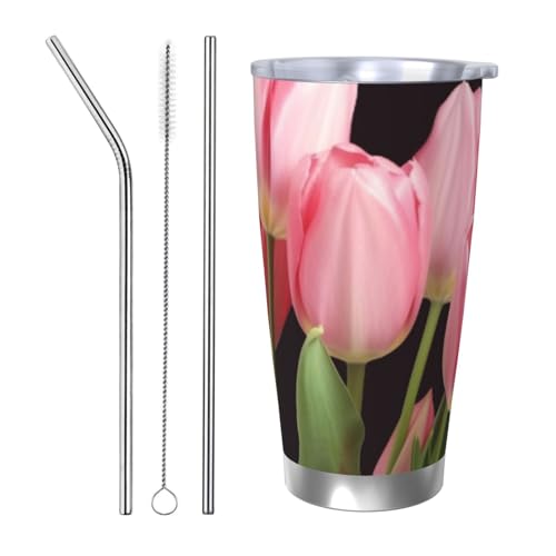 NBSKSDLK Pink Tulips Tumbler 590 ml, Edelstahl, vakuumisolierter Kaffeebecher mit Deckel und Strohhalm, doppelwandiger Reisebecher für heiß/kalt, auslaufsicherer Thermobecher für Zuhause, Büro, Auto von NBSKSDLK
