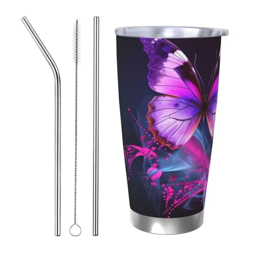 NBSKSDLK Purple Butterfly Tumbler 590 ml, Edelstahl, vakuumisolierter Kaffeebecher mit Deckel und Strohhalm, doppelwandiger Reisebecher für heiß/kalt, auslaufsicherer Thermobecher für Zuhause, Büro von NBSKSDLK