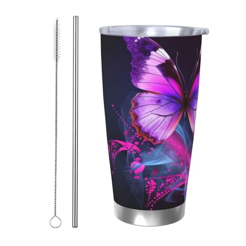 NBSKSDLK Purple Butterfly Tumbler 590 ml, Edelstahl, vakuumisolierter Kaffeebecher mit Deckel und Strohhalm, doppelwandiger Reisebecher für heiß/kalt, auslaufsicherer Thermobecher für Zuhause, Büro von NBSKSDLK
