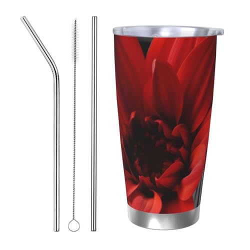 NBSKSDLK Red Flower Tumbler 590 ml, Edelstahl, vakuumisolierter Kaffeebecher mit Deckel und Strohhalm, doppelwandiger Reisebecher für heiß/kalt, auslaufsicherer Thermobecher für Zuhause, Büro, Auto von NBSKSDLK
