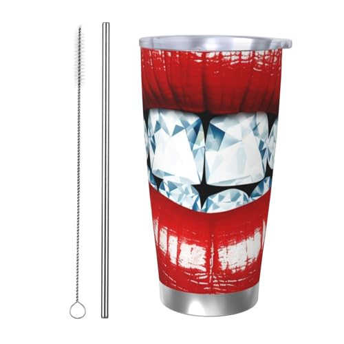 NBSKSDLK Red Lips with Diamond Tumbler 590.0 g, Stainless Steel Vacuum Insulated Coffee Tumbler with Lid and Straw, Double Wall Travel Mug for Hot / Cold, Spill-Proof Thermal Cup for Home Office Car von NBSKSDLK