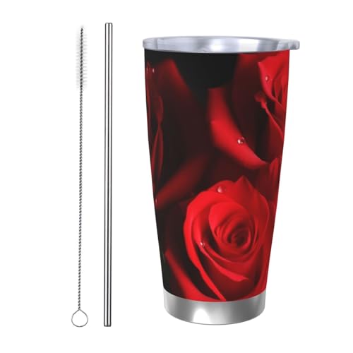 NBSKSDLK Red Roses Tumbler Edelstahl-Kaffeebecher mit Deckel und Strohhalm, doppelwandiger Reisebecher für heiß/kalt, auslaufsicherer Thermobecher für Zuhause, Büro, Auto, 590 ml von NBSKSDLK