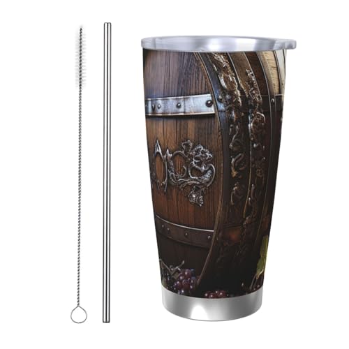 NBSKSDLK Rotweinfass-Becher aus Edelstahl, vakuumisoliert, mit Deckel und Strohhalm, doppelwandiger Reisebecher für heiß/kalt, auslaufsicherer Thermobecher für Zuhause, Büro, Auto von NBSKSDLK