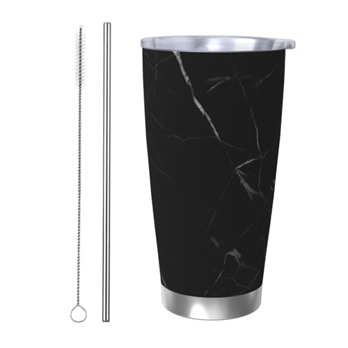 NBSKSDLK Schwarzer Marmorbecher, Edelstahl, vakuumisoliert, Kaffeebecher mit Deckel und Strohhalm, doppelwandiger Reisebecher für heiß/kalt, auslaufsicherer Thermobecher für Zuhause, Büro, Auto von NBSKSDLK