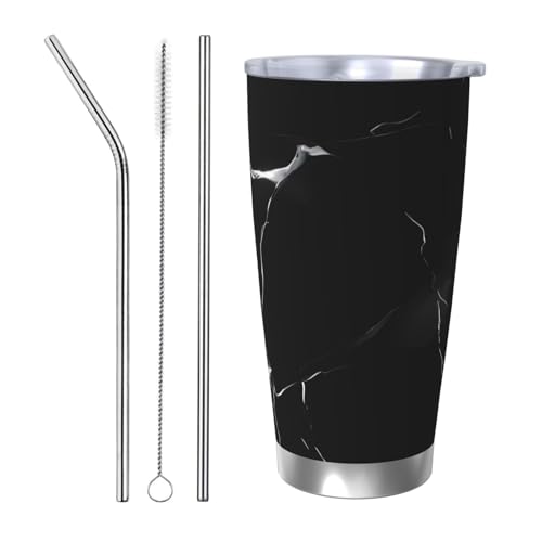 NBSKSDLK Schwarzer Marmorbecher, Edelstahl, vakuumisoliert, Kaffeebecher mit Deckel und Strohhalm, doppelwandiger Reisebecher für heiß/kalt, auslaufsicherer Thermobecher für Zuhause, Büro, Auto von NBSKSDLK