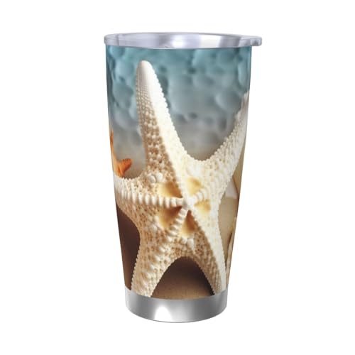 NBSKSDLK Seestern-Korallen- und Muschelbecher, Edelstahl, vakuumisoliert, Kaffeebecher mit Deckel und Strohhalm, doppelwandiger Reisebecher für heiß/kalt, auslaufsicherer Thermobecher für Zuhause von NBSKSDLK