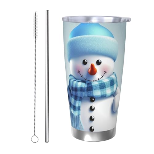 NBSKSDLK Süßer Schneemann-Becher aus Edelstahl, vakuumisoliert, mit Deckel und Strohhalm, doppelwandiger Reisebecher für heiß/kalt, auslaufsicherer Thermobecher für Zuhause, Büro, Auto, 590 ml von NBSKSDLK