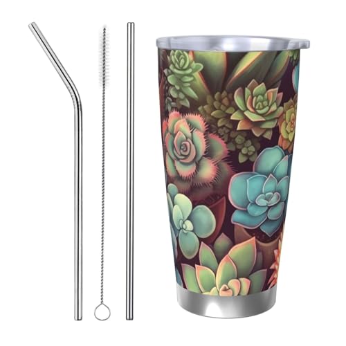 NBSKSDLK Süßer Sukkulentenbecher, Edelstahl, vakuumisoliert, Kaffeebecher mit Deckel und Strohhalm, doppelwandiger Reisebecher für heiß/kalt, auslaufsicherer Thermobecher für Zuhause, Büro, Auto, 590 von NBSKSDLK