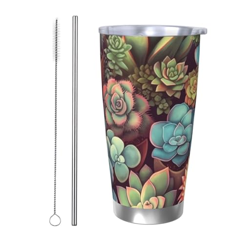 NBSKSDLK Süßer Sukkulentenbecher, Edelstahl, vakuumisoliert, Kaffeebecher mit Deckel und Strohhalm, doppelwandiger Reisebecher für heiß/kalt, auslaufsicherer Thermobecher für Zuhause, Büro, Auto, 590 von NBSKSDLK