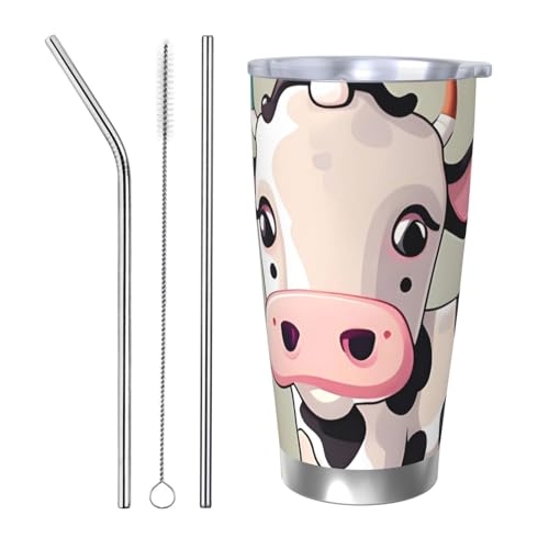 NBSKSDLK Süßer weißer Kuhbecher, Edelstahl, vakuumisoliert, Kaffeebecher mit Deckel und Strohhalm, doppelwandiger Reisebecher für heiß/kalt, auslaufsicherer Thermobecher für Zuhause, Büro, Auto, 590 von NBSKSDLK