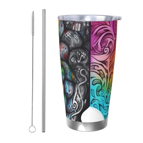 NBSKSDLK Thermobecher für linke und rechte Gehirnhälfte, 590 ml, vakuumisolierter Kaffeebecher mit Deckel und Strohhalm, doppelwandiger Reisebecher für heiß/kalt, auslaufsicherer Thermobecher für von NBSKSDLK