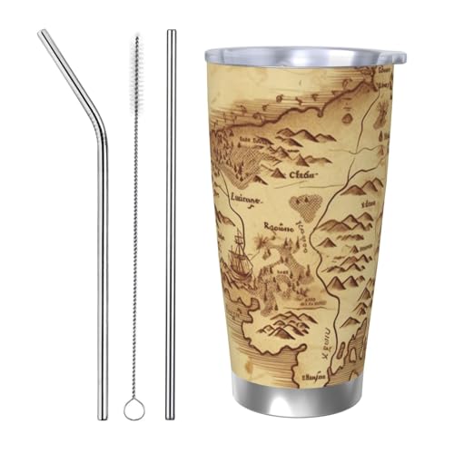NBSKSDLK Treasure Map Vintage Tumbler 590 ml, Edelstahl, vakuumisolierter Kaffeebecher mit Deckel und Strohhalm, doppelwandiger Reisebecher für heiß/kalt, auslaufsicherer Thermobecher für Zuhause von NBSKSDLK