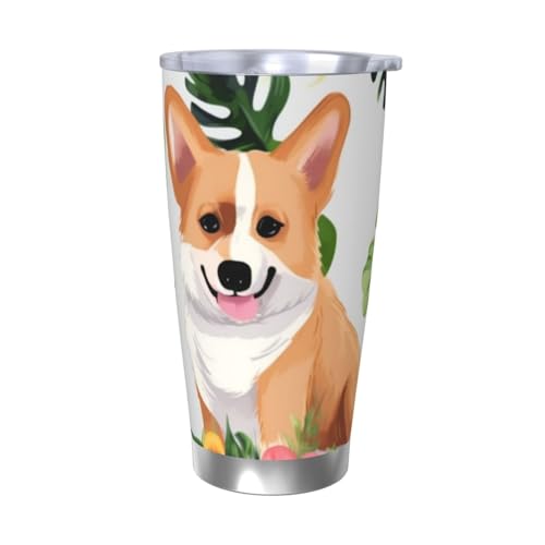 NBSKSDLK Tropische Blume und Corgi Tumbler aus Edelstahl, vakuumisoliert, Kaffeebecher mit Deckel und Strohhalm, doppelwandiger Reisebecher für heiß/kalt, auslaufsicherer Thermobecher für Zuhause von NBSKSDLK