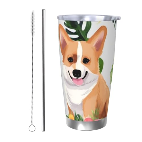 NBSKSDLK Tropische Blume und Corgi Tumbler aus Edelstahl, vakuumisoliert, Kaffeebecher mit Deckel und Strohhalm, doppelwandiger Reisebecher für heiß/kalt, auslaufsicherer Thermobecher für Zuhause von NBSKSDLK
