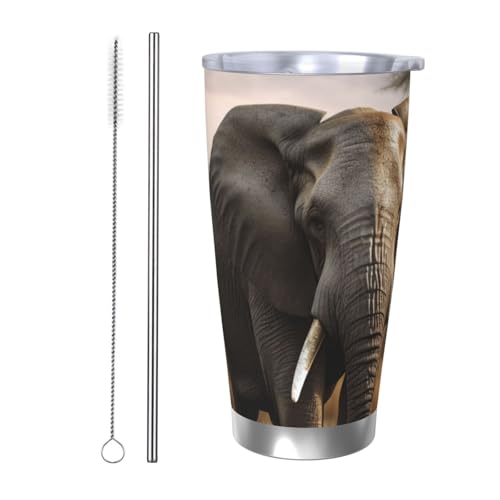 NBSKSDLK Tropischer afrikanischer Elefant, 590 ml, Edelstahl, vakuumisolierter Kaffeebecher mit Deckel und Strohhalm, doppelwandiger Reisebecher für heiß/kalt, auslaufsicherer Thermobecher für Zuhause von NBSKSDLK
