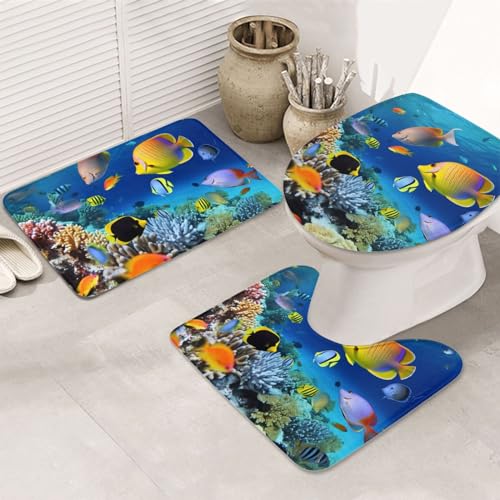 NBSKSDLK Unterwasser Fisch Badvorleger Set 3 Stück rutschfeste saugfähige U-förmige Badvorleger mit WC-Abdeckung Badvorleger Set Memory Foam Badematte für von NBSKSDLK