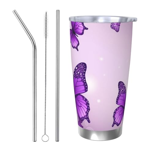 NBSKSDLK Violette Schmetterlinge, Edelstahl, vakuumisoliert, Kaffeebecher mit Deckel und Strohhalm, doppelwandiger Reisebecher für heiß/kalt, auslaufsicherer Thermobecher für Zuhause, Büro, Auto, 590 von NBSKSDLK