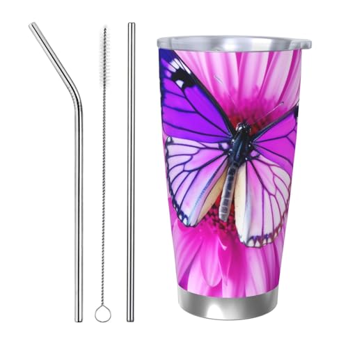 NBSKSDLK Violetter Schmetterling und Blumen-Becher aus Edelstahl, vakuumisoliert, mit Deckel und Strohhalm, doppelwandiger Reisebecher für heiß/kalt, auslaufsicherer Thermobecher für Zuhause, Büro von NBSKSDLK