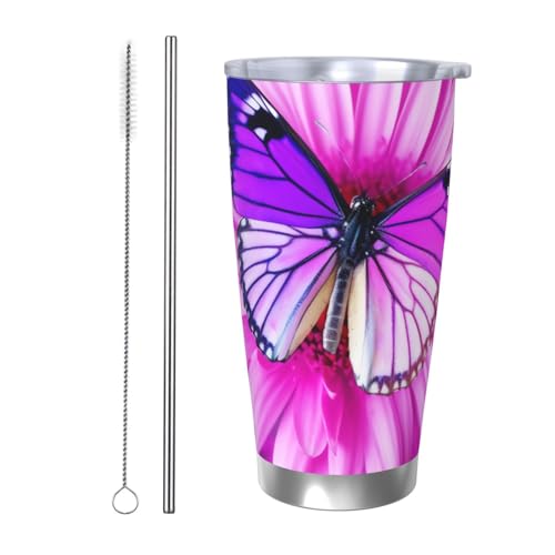 NBSKSDLK Violetter Schmetterling und Blumen-Becher aus Edelstahl, vakuumisoliert, mit Deckel und Strohhalm, doppelwandiger Reisebecher für heiß/kalt, auslaufsicherer Thermobecher für Zuhause, Büro von NBSKSDLK