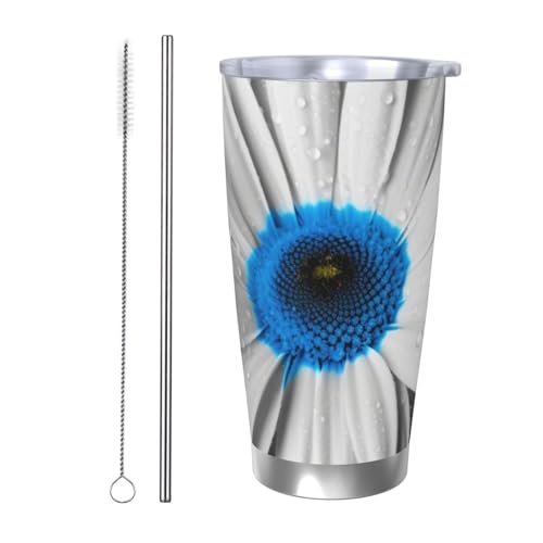 NBSKSDLK Weiß-blaues Gänseblümchen-Becher, Edelstahl, vakuumisoliert, Kaffeebecher mit Deckel und Strohhalm, doppelwandiger Reisebecher für heiß/kalt, auslaufsicherer Thermobecher für Zuhause, Büro von NBSKSDLK