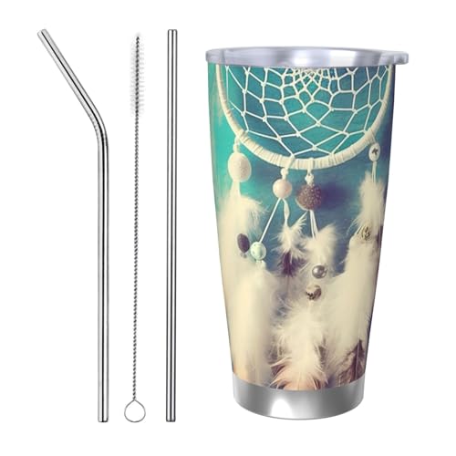 NBSKSDLK Weißer Traumfänger-Federbecher, Edelstahl, vakuumisoliert, Kaffeebecher mit Deckel und Strohhalm, doppelwandiger Reisebecher für heiß/kalt, auslaufsicherer Thermobecher für Zuhause, Büro von NBSKSDLK