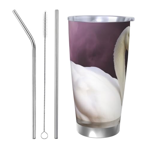 NBSKSDLK White Swan Tumbler Kaffeebecher aus Edelstahl, vakuumisoliert, mit Deckel und Strohhalm, doppelwandiger Reisebecher für heiß/kalt, auslaufsicherer Thermobecher für Zuhause, Büro, Auto, 590 ml von NBSKSDLK