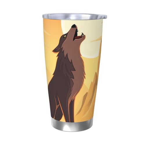 NBSKSDLK Wolf Tumbler Vakuumisolierter Kaffeebecher aus Edelstahl mit Deckel und Strohhalm, doppelwandiger Reisebecher für heiß/kalt, auslaufsicherer Thermobecher für Zuhause, Büro, Auto, 590 ml von NBSKSDLK