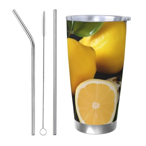 NBSKSDLK Zitronen- und Blumenbecher, Edelstahl, vakuumisoliert, Kaffeebecher mit Deckel und Strohhalm, doppelwandiger Reisebecher für heiß/kalt, auslaufsicherer Thermobecher für Zuhause, Büro, Auto von NBSKSDLK