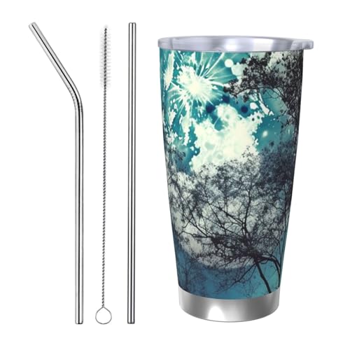 NBSKSDLK blue moon Tumbler Kaffeebecher aus Edelstahl, vakuumisoliert, mit Deckel und Strohhalm, doppelwandiger Reisebecher für heiß/kalt, auslaufsicherer Thermobecher für Zuhause, Büro, Auto, 590 ml von NBSKSDLK