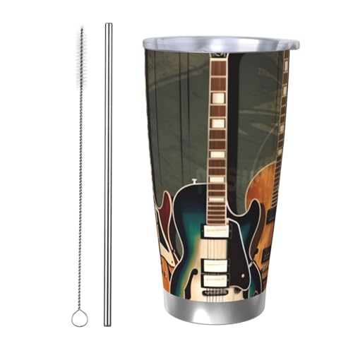 NBSKSDLK guitars art Tumbler Edelstahl-Vakuumisolierter Kaffeebecher mit Deckel und Strohhalm, doppelwandiger Reisebecher für heiß/kalt, auslaufsicherer Thermobecher für Zuhause, Büro, Auto, 590 ml von NBSKSDLK