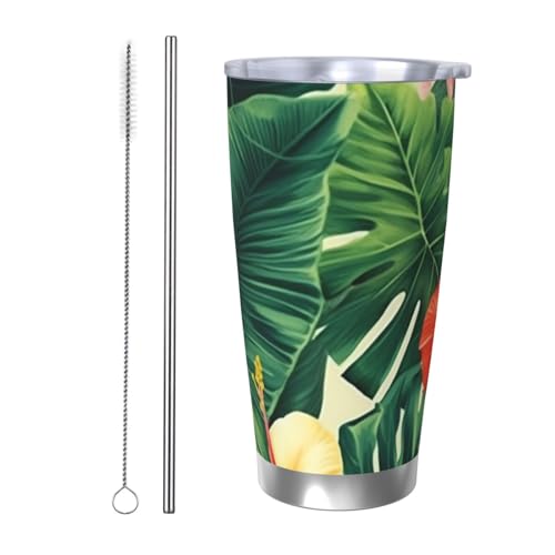 NBSKSDLK hojas tropicales y flores Trinkbecher, Edelstahl, vakuumisoliert, mit Deckel und Strohhalm, doppelwandiger Reisebecher für heiß/kalt, auslaufsicherer Thermobecher für Zuhause, Büro, Auto, 590 von NBSKSDLK