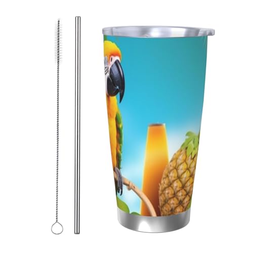 Summer Parrot Ananas Birds Tumbler 590 ml, Edelstahl, vakuumisolierter Kaffeebecher mit Deckel und Strohhalm, doppelwandiger Reisebecher für heiß/kalt, auslaufsicherer Thermobecher für Zuhause, Büro von NBSKSDLK