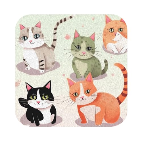 Untersetzer mit Cartoon-Katzen-Motiv, saugfähig, Leder, für Getränke, hitzebeständig, für Tischschutz, Couchtisch-Matten für Heimdekoration, Hauseinweihungsgeschenke, 4 Stück Untersetzer mit Cartoon-Katzen-Motiv, saugfähig, Leder, für Getränke, hitzebeständig, für Tischschutz, Couchtisch-Matten für Heimdekoration, Hauseinweihungsgeschenke, 4 Stück von NBSKSDLK