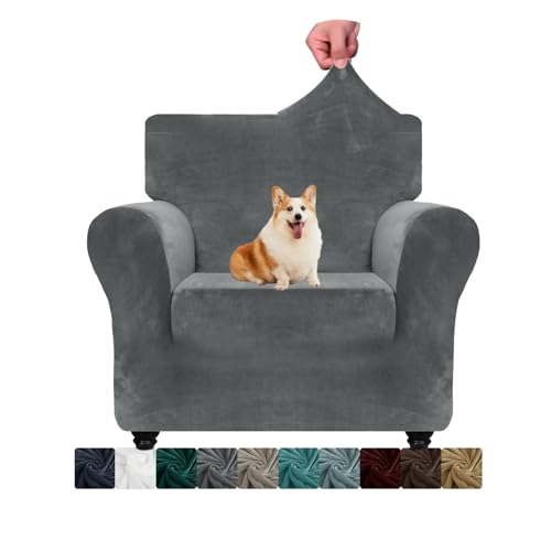 CHELZEN Samt Stuhlabdeckungen für Sessel 1 Sitzer Dicke Stretch Couchbezüge für Hunde Haustiere rutschfeste Stuhlabdeckung mit Armmöbeln Schutz für Wohnzimmer (1 Sitzer, Grau) von NC