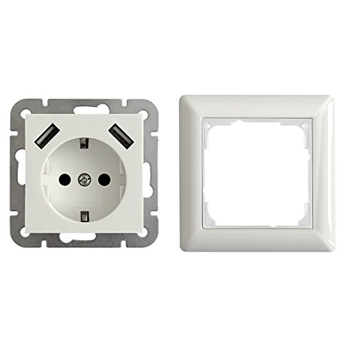 USB Schutzkontakt Steckdose 2 x USB Anschluss 2800mA Unterputz Modell 55 mit Rahmen reinweiß glänzend von NCC-Licht